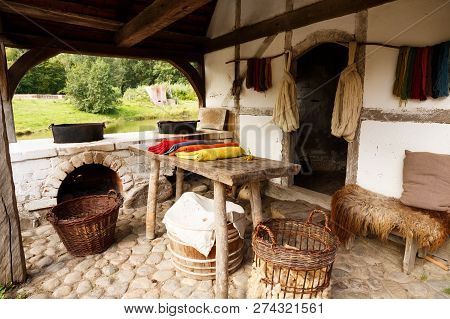 The Medieval House With Fabric Materials And Yarn In The Middle Ages Center, The Experimental Living