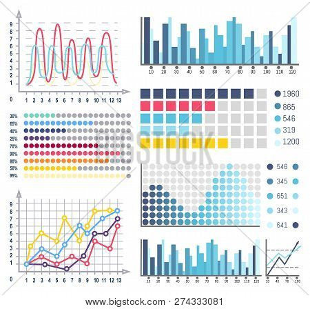 Data Visual Representation Of Business Results Vector. Flowcharts And Graphics, Schemes With Scales 