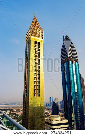Dubai, United Arab Emirates - April 3, 2018: Modern Skyscrapers Of Downtown Dubai From A Rooftop At 
