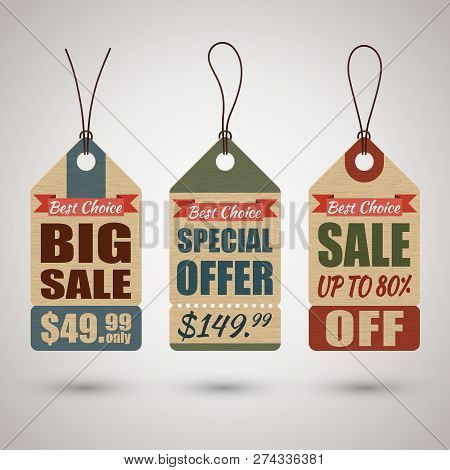 Collection Of Vintage Cardboard Price Tags Or Sale Labels In Retro Style With Special Offers. Vector