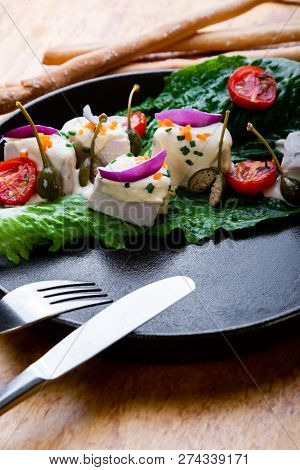 Delicious Restaurant Dish Vitello Tonato In Restaurant Background. Healthy Exclusive Food On Big Bla