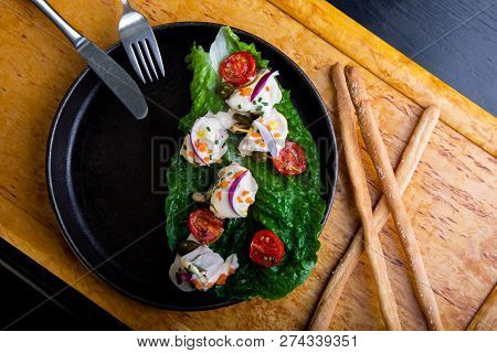 Delicious Restaurant Dish Vitello Tonato In Restaurant Background. Healthy Exclusive Food On Big Bla