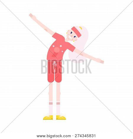 Vector Illustration Of Grandmother Making Torso Bending Sideways In Flat Style.