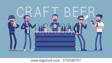 Craft Beer Store Bar Male Visitors. Men Gathering In A Bottle Shop To Relax, Buy And Enjoy Drink, Gu