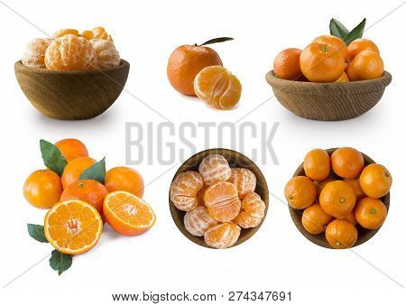 Set Of Fresh Mandarins. Ripe And Tasty Tangerines Isolated On White Background. Fresh Tangerines Wit