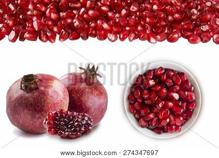 Slices Of Garnets, Two Garnet Fruit And Heap Of Pomegranate Seeds At The Border. Set Of Pomegranates