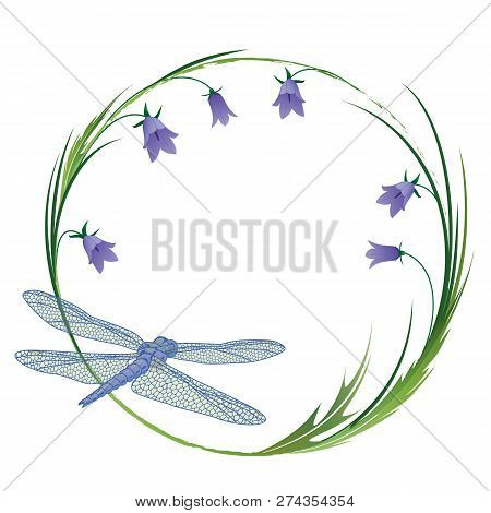 Vector Round Frame With Dragonfly And Blubells Eps 10
