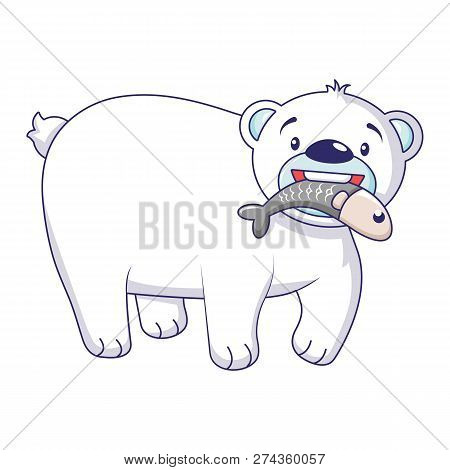 Polar Bear With Fish Icon. Cartoon Of Polar Bear With Fish Icon For Web Design Isolated On White Bac
