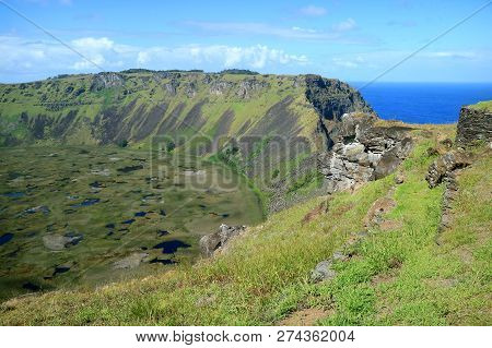 Incredible Crater Lake Of Rano Kau With A Gap At The Southern End Of Crater Wall Showing Pacific Oce