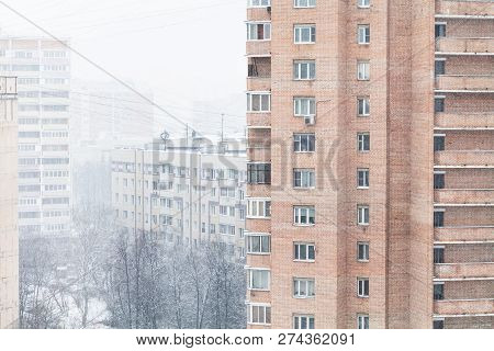 Snowfall In Residential District Of Moscow City In Cold Wither Day