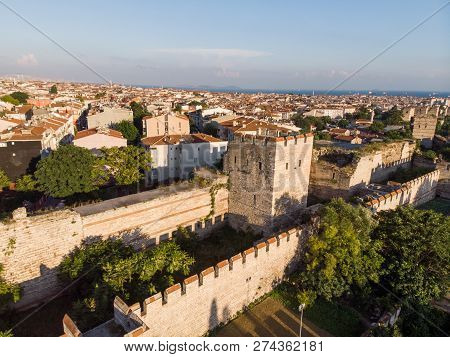 Aerial Drone View Of Ancient Constantinople's Walls In Istanbul / Byzantine Constantinople Entrance 