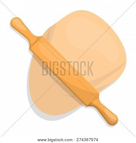 Dough And Wooden Roller. Rolling Pin Equipment