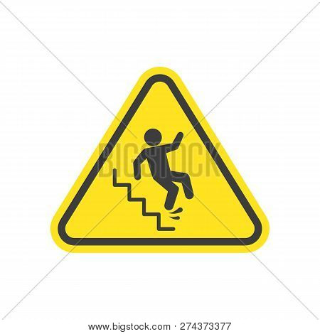 Warning Falling Off The Stairs Sign. Slippery Stairs Warning Vector Plate Isolated On White Backgrou
