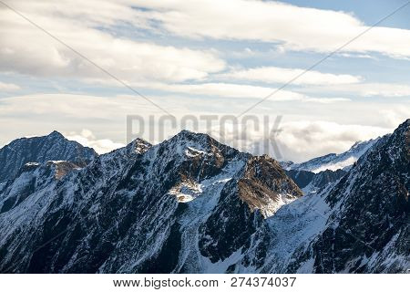 Beautiful View Of The Alps Mountains In Sunny Winter Day, Austria, Stubai, Stubaier Gletscher Resort