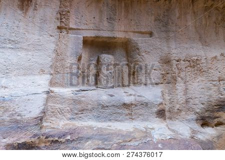 Wadi Musa, Jordan, December 06, 2018 : Carved Into The Rock, The Nabatean God En Route Through The C