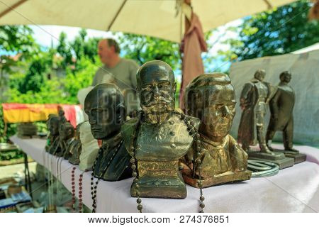 Ljubljana, Slovenia - June 28, 2015: Old Metal Busts To Politicians In A Souvenir Shop In The Center