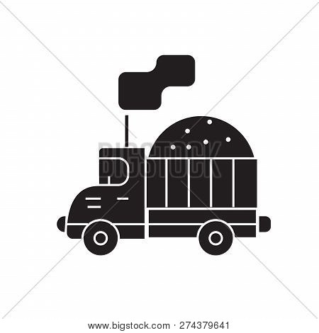 Costruction Sand Truck Black Vector Concept Icon. Costruction Sand Truck Flat Illustration, Sign