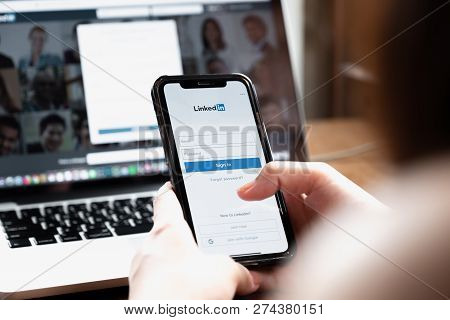 Chiang Mai, Thailand - Aug 26, 2018: Iphone X With Linkedin Application On The Screen. Linkedin Is A