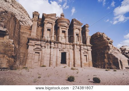 Stunning View From A Cave Of The Ad Deir - Monastery In The Ancient City Of Petra, Jordan. Unesco Wo