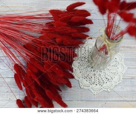 Bunny(rabbit) Tail Grass, Lagurus Dry Flower Bouquet On Wooden Background