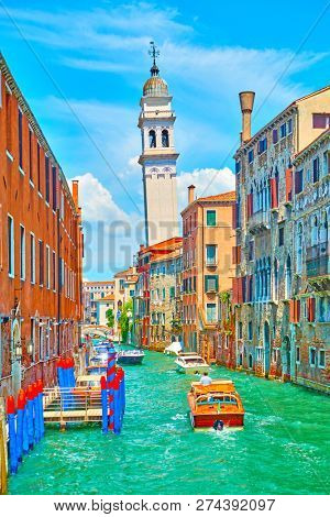 Rio de S. Lorenzo canal  with leaning campanile of San Giorgio dei Greci in Venice
