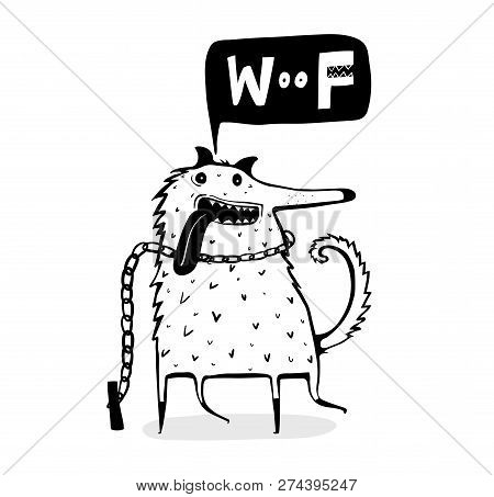 Cute Doggie Saying Woof With Drawn Speech Bubble.