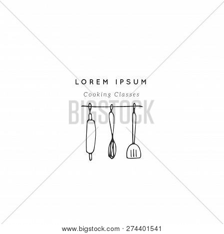 Vector Hand Drawn Logo Template, Kitchenware. Kitchen And Food Theme. Rolling Pin, Spatula, Whick. I
