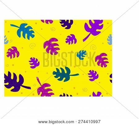 Dark Yellow Vector Seamless Pattern Or Background With Different Tropical Leaves And Plants In Pink 