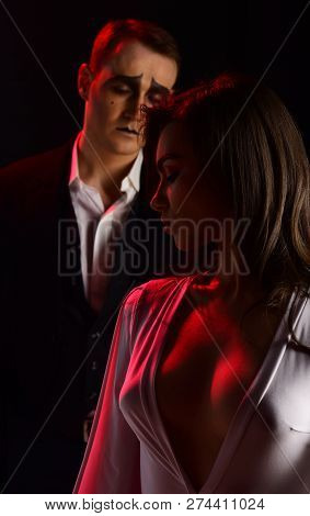 Sensual Soulmates. Mime Woman And Man Act In Romantic Scene. Couple Of Mime Artists Perform Romance 