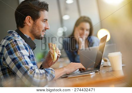 Attractive man eating sandwich whilst working in co working space