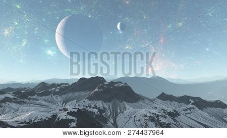 3d Illustration Of  Alien Planet In Space With  Nebula And Stars. Alien World In Space, Surface Of P