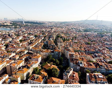Aerial Drone View Of Unplanned Urbanization Istanbul Kadikoy Moda. Cityscape.