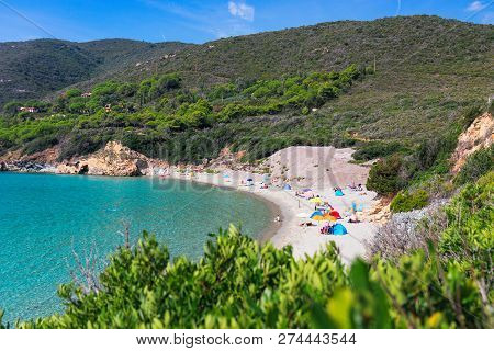 View Of The Beautiful Wild Beach On Elba Island And The Blue Lagoon. Elba Island, Tuscany, Italy