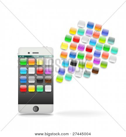 Modern touchphone gadget with speech cloud of icons isolated on white