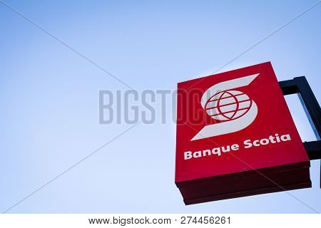 Montreal, Canada - November 4, 2018: Scotiabank Logo, In Front Of One Of Their Banking Center In Mon