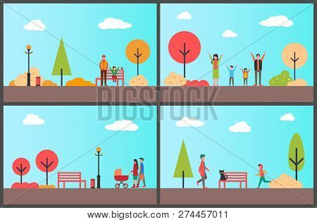People In Autumn Park, Sunny Day Of Season Vector. Teenager Jogging And Working Out, Family Walking 