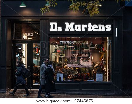 Montreal, Canada - November 5, 2018: Dr Martens Logo On Their Main Shop For Montreal, Quebec. Dr Mar