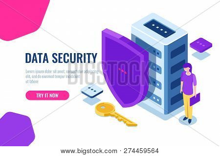 Data Security Isometric, Database Icon With Shield And Key, Data Lock, Personal Support Of Safety, W