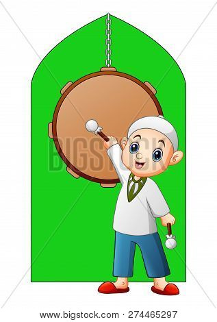 Vector Illustration Of Muslim Kid Holding Stick Standing In The Front Of Mosque Drum