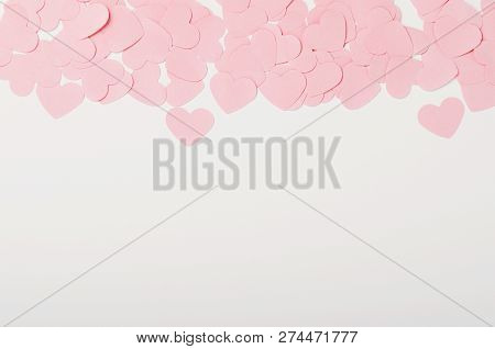 Small Pink Paper Hearts On White Background. Place For The Inscription, Congratulations On Valentine