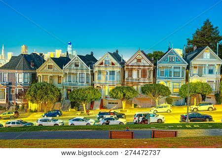 Panoramic View Of The San Francisco Painted Ladies (victorian Houses).