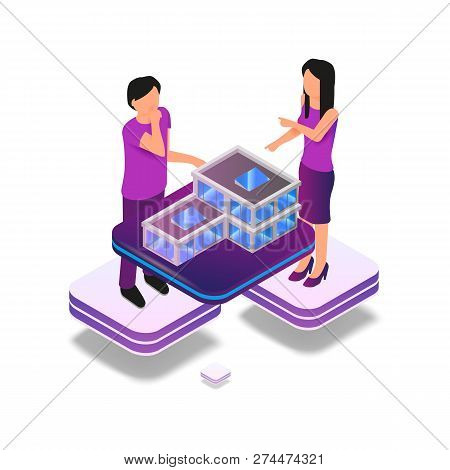 Isometric Image Augmented Reality For Architect. Vector Illustration Man And Woman Working Architect