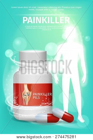 Banner Advertisement Packaging Painkiller Pils. 3d Vector Illustration Infographic Medication Lying 