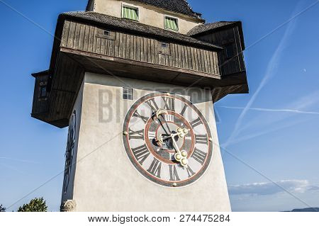 Graz, Austria. The Schlossberg - Castle Hill With The Clock Tower Uhrturm