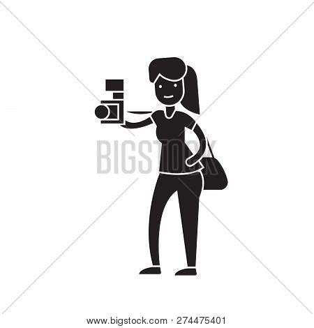 Woman Taking A Picture Black Vector Concept Icon. Woman Taking A Picture Flat Illustration, Sign
