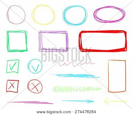 Hand Drawn Shapes On Isolated White Background. Abstract Signs With Hatching. Wavy Tangled Backdrops