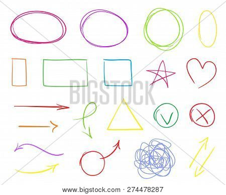 Hand Drawn Shapes On Isolated White Background. Abstract Signs With Hatching. Wavy Tangled Backdrops