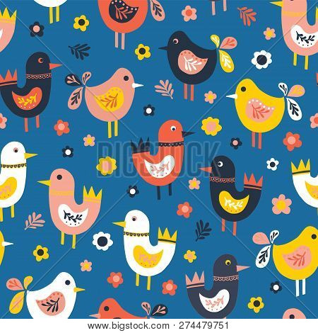Doodle Birds And Flowers Seamless Vector Pattern. Scandinavian Flat Style Cute Birds Red, Blue, Pink