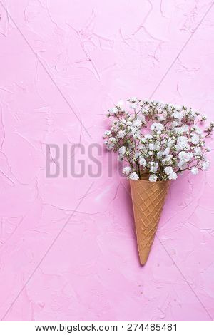 Fresh White Gypsofila  Flowers In Waffle Cone On  Pink Textured Background. Top View. Place For Text