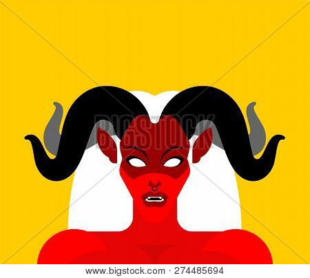 Female Demon With Horns Face. Woman Devil. Succubus Red. Lady Satan. Vector Illustration 
